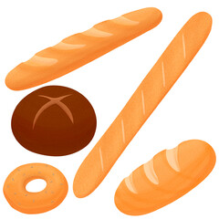 Bread sorts and bakery elements set. Vector sketch of rye bread, ciabatta, wheat bread, muffin, bun, bagel, sliced bread, french baguette, croissant, pretzel