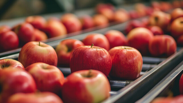 Red apples on the production line or conveyor belt are screened for quality before being put into packaging