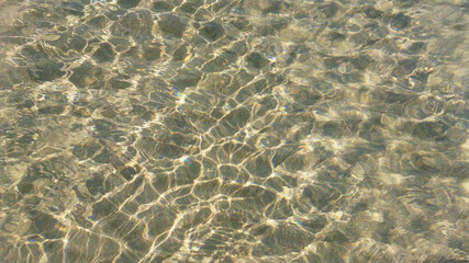 Fototapeta na wymiar Waves on the beach. Ripples in water, view from above with sunlight. Natural Flow of Water. Minimal Background. Health, travel, holiday concept banner with empty copy space 