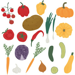 Vegetables drawn vector icons set. Illustration of colored vegetables for design farm product, market label vegetarian shop.