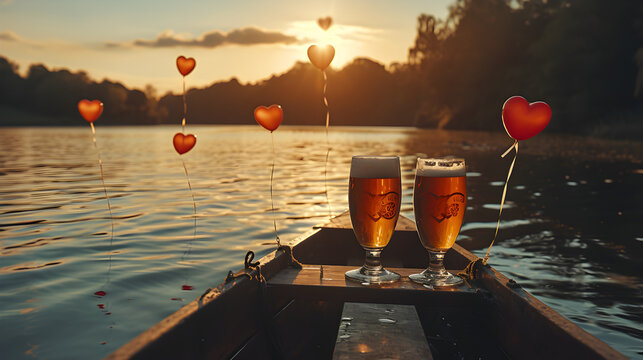 Cinematic photograph of two beer pint on a rowing boat in a lake.  Heart shaped balloons and confeti. Valentines. Love
