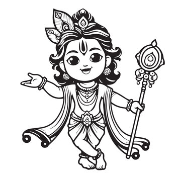 lord Krishna simple line drawing illustration for Krishna janmashtami.