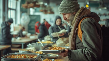 Canteen for the homeless. Concept of helping people with disabilities, charity. Homeless people serve food from trays.