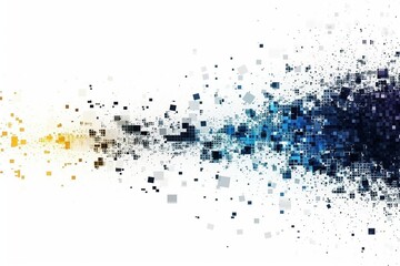 A dynamic explosion of blue and yellow pixels in a vector illustration, isolated on a white background, ideal for a simple shapes poster or web banner with a modern and vibrant style