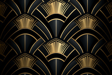 black and gold deco style pattern, in the style of art deco geometric patterns, shaped canvas, vintage-inspired