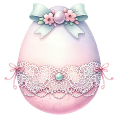 Easter egg adorned with lace and pearls in pink and mint green color