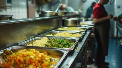 Obraz premium Canteen for the homeless. Concept of helping people with disabilities, charity. Homeless people serve food from trays.