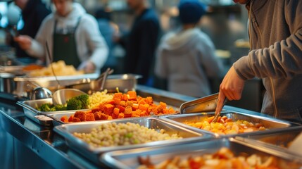 Canteen for the homeless. Concept of helping people with disabilities, charity. Homeless people serve food from trays.