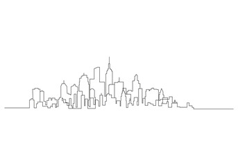 cityscape in continuous one line vector drawing. Modern flat line landscape vector. City landscape line art illustration with building, tower, skyscrapers. Vector illustration.
