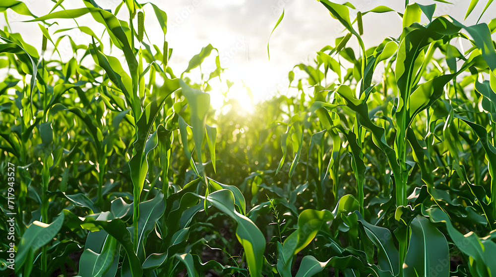 Poster corn field with sunrise at countryside , 