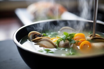 miso soup with clams open in broth, steam visible