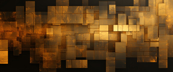 golden geometric abstract background, in the style of altered and substituted canvases, smokey background, layered stencil work, vibrant color blocks, canvas texture emphasis, lightbox
