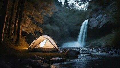 Fototapeta premium Misty Oasis: Tent by the Falls, an Outdoor Sanctuary Where Serenity Meets Adventure in the Embrace of Nature's Beauty. Generative AI.