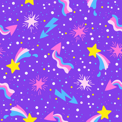 Fototapeta na wymiar Hand drawn vector seamless pattern of neon stars and meteorites on night sky. Stylized other space in neon pink and purple colors on a purple background