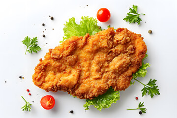 Homemade breaded chicken schnitzel top view isolated on white background