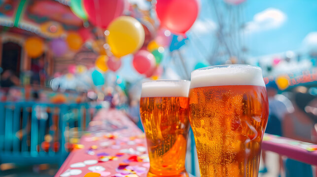 Cinematic photograph of two beer pint at a colorful amusement park. Heart shaped balloons and confeti. Valentines. Love