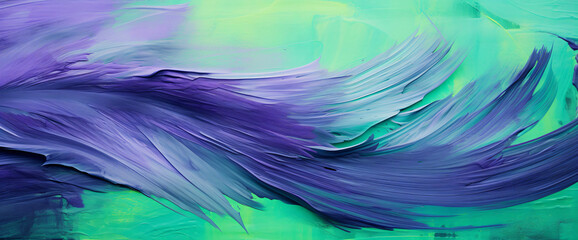 green background with a bright green, blue and purple color, in the style of layered brushstrokes, light sky-blue and dark gray, unprimed canvas, detailed feather