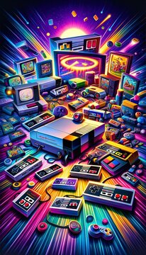 Retro Gaming Paradise: Neon Lights and Classic Consoles