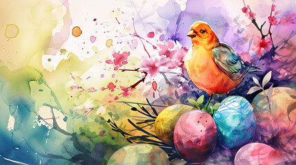 watercolor illustration festive easter composition bird and eggs - obrazy, fototapety, plakaty