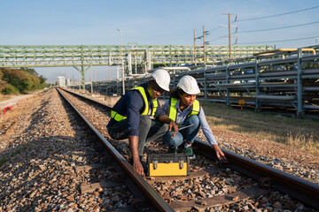Engineer wearing safety uniform sitting on railway inspection. construction worker on railways....