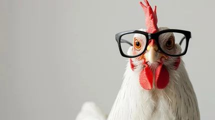 Fotobehang white chicken wearing black rimmed glass in front of white background © Zahid