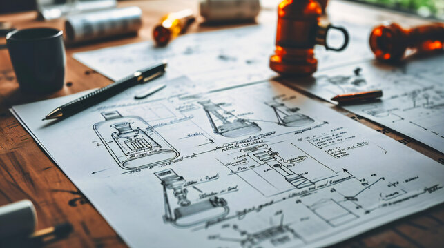 Precision and Planning in Construction: Blueprint and Design Documents on an Engineers Table