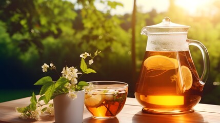 Black tea in glass cup and teapot on summer outdoor background. Copy space. - Powered by Adobe