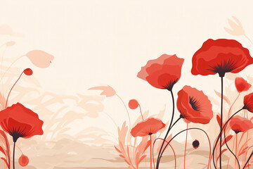 poppies on a plain background on white, soft, romantic landscapes, light brown and red, matte background, romantic scenery