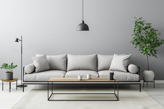Minimalist sofa design with a slender metal frame, thin cushions, and an airy and modern living interior design