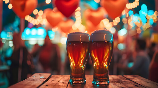 Cinematic photograph of two beer pint at a pub. Dim lights Heart shaped balloons and confeti. Valentines. Love