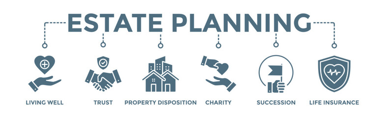 Estate planning banner web icon vector illustration concept with icon of living well, trust, property disposition, charity, succession, life insurance