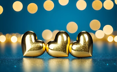 Three small gold heart on a sparkling soft blue background, Valentine's Day, Christmas. Generative AI