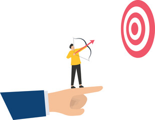 Leader pointing to target with colleague throwing the arrow as symbol of finding success

