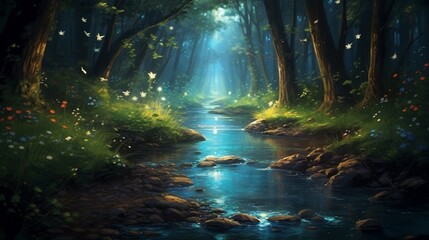 A tranquil summer night with fireflies around a creek.