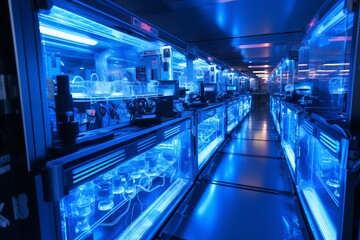 Fototapeta premium Science laboratory equipment in blue light, science and technology concept background.