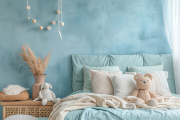Bed with a teddy bear,  interior of child bedroom with natural pastel color and cute decoration...