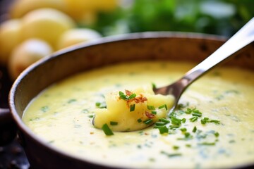 close-up of creamy potato leek soup texture with spoon lifting a serving