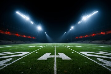 Football field illuminated by stadium lights.