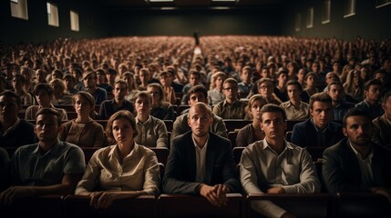 Large Group Sitting in Front of Crowd, A Gathering of People - obrazy, fototapety, plakaty
