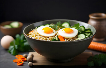 A bowl of delicious fried noodle soup with an egg, carrot, cucumber, and herbs on the table
