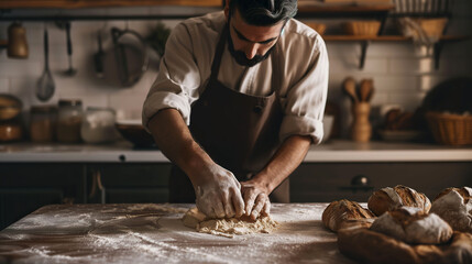 Male Baker Kneading Fresh Bread Dough at Kitchen Table