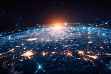 connection lines encircling the Earth's surface, futuristic technology backdrop enriched with dynamic circles and lines, connecting globe with internet, logistics, travel