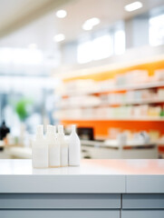 Bright Pharmacy Interior with Medicine Bottles on Display, Blurred Background.