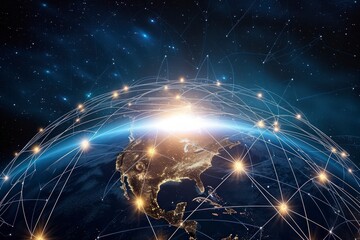 connection lines encircling the Earth's surface, futuristic technology backdrop enriched with dynamic circles and lines, connecting globe with internet, logistics, travel