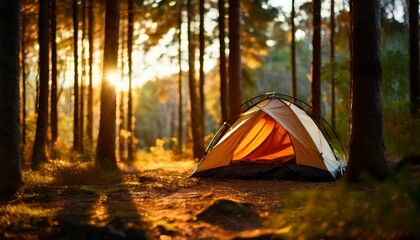 Woodsy Sunset Escape: Camping in Nature's Warm Embrace, a Tent Glows Amidst the Colors of a Picturesque Evening. Generative AI.