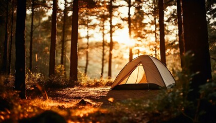 Sunset Serenity: Nature's Embrace Revealed as a Tent Beckons in a Forest Illuminated by the Soft Glow of Evening. Generative AI.