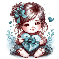 A cartoon of a baby holding a heart shaped box