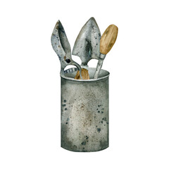 Watercolor garden tools set in metal can. Shovel, garden scissors in vintage old metal glass for floral shop, gardening, seeds design. Clipart © Evgeniya