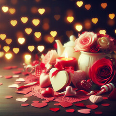Valentine's Day background with festive decor elements and bokeh effect. Ideal for greeting cards, invitations, phone wallpapers, web sites and more. Created using generative ai tools.