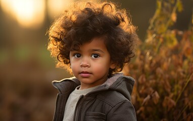 Young Child With Curly Hair Standing in a Field